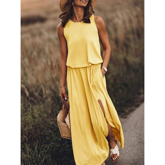 FLOWERSVERSE Cross-border new summer 2025 women's clothing round neck sleeveless solid color medium and long swing dress