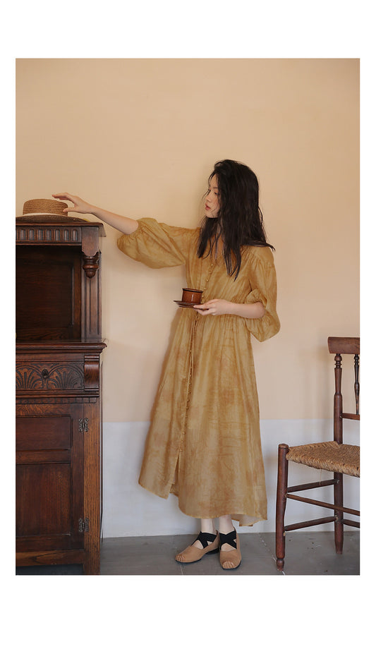 popular spring and summer women's clothing lazy ramie digital printing dress women's yellow thin dress 230247