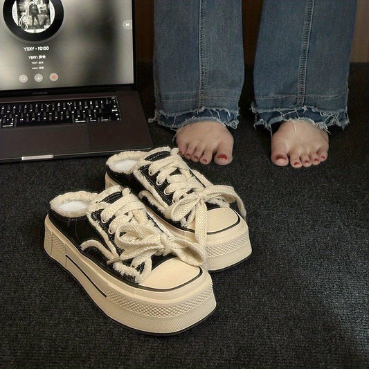 flowersverseClosed-Toe Slippers Women's Spring Outdoor Wear New Canvas Shoes Heel-Free Versatile Semi-Slipper Thick Bottom Ins Tide Beggar Shoes