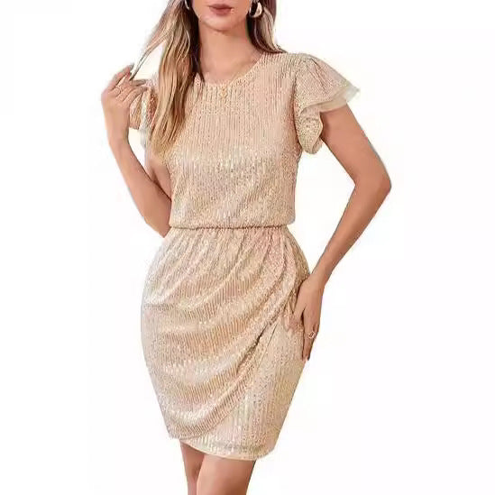 FLOWERSVERSE New Cross-border Black Gold Double Spell Solid Color Temperament Commuter High Waist Fashion Sequin Dress