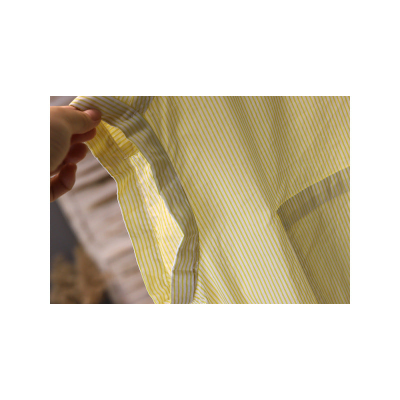 Summer Simple Korean version loose sleeveless shirt covering meat medium and long cotton striped pocket shirt