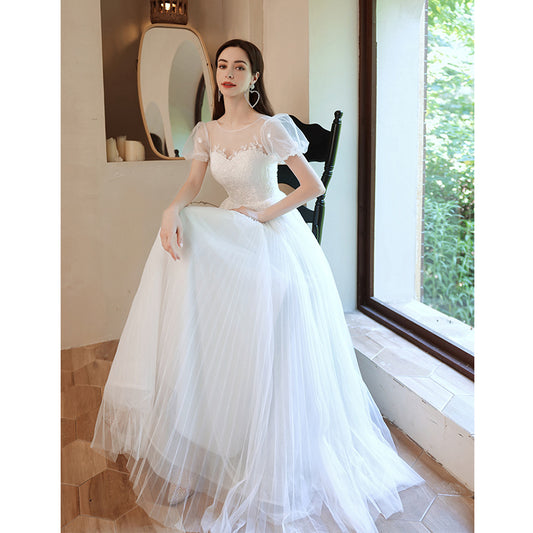 Princess bride bubble sleeve light wedding dress white bridesmaid dress 2025 new temperament performance catwalk host dress