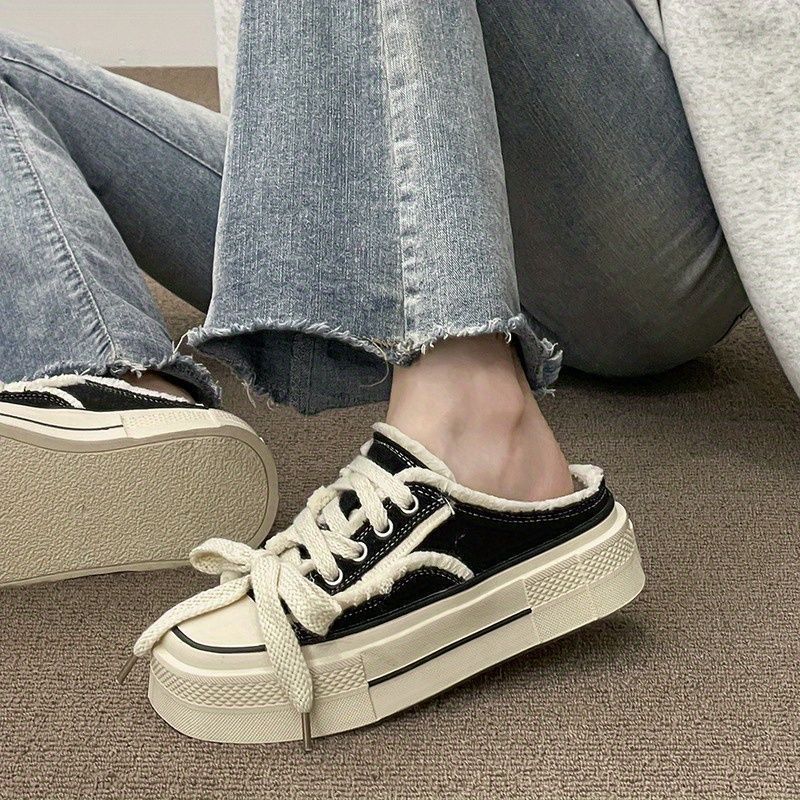 flowersverseClosed-Toe Slippers Women's Spring Outdoor Wear New Canvas Shoes Heel-Free Versatile Semi-Slipper Thick Bottom Ins Tide Beggar Shoes