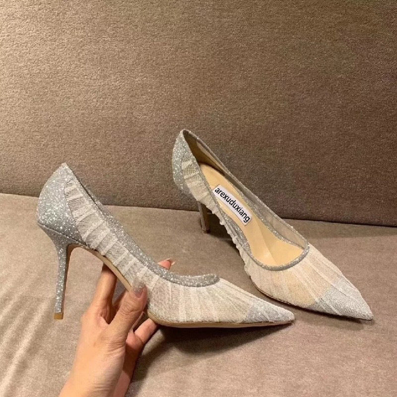 flowersverse Lace Pointed Toe Mesh Stiletto Heel Pumps Women's 2022 Autumn New Fairy Style Sexy High Heels Shallow Mouth Wedding Shoes