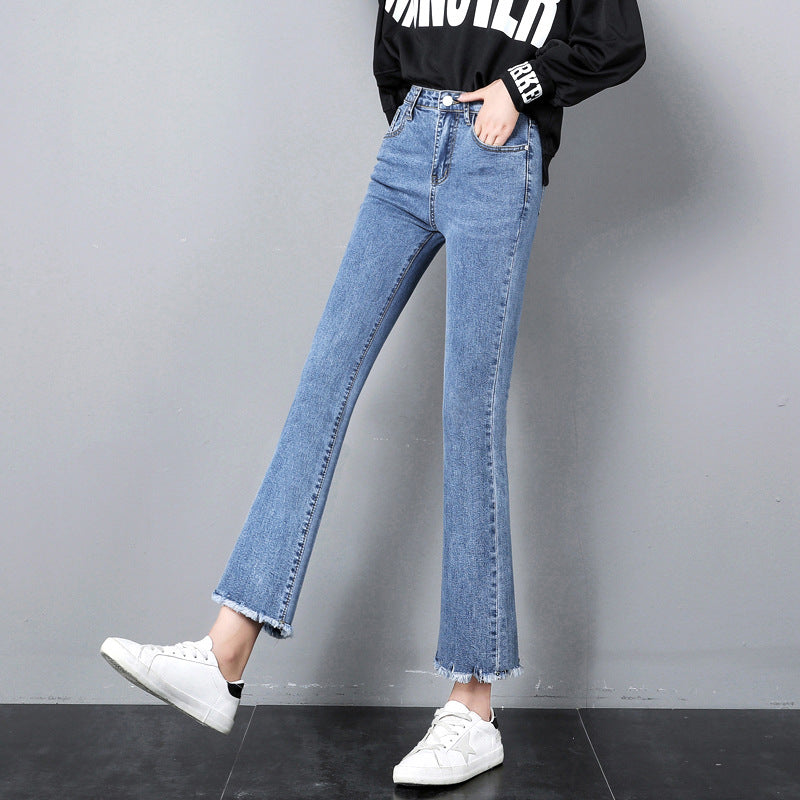 flowersverse Slightly Flared Jeans Women's High Waist New Spring and Autumn Clothing Slimming Cropped Small Stretch Women's Pants