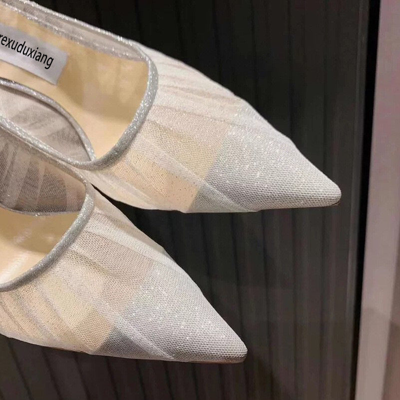flowersverse Lace Pointed Toe Mesh Stiletto Heel Pumps Women's 2022 Autumn New Fairy Style Sexy High Heels Shallow Mouth Wedding Shoes