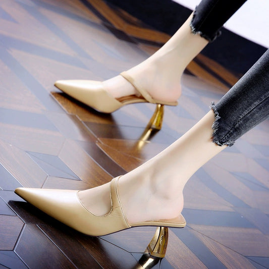 flowersverse Spring New Mid-Heel Comfortable Chunky Heel Sandals Women's High Heels Ol Korean Style Bag Head Lazy Pointed Toe Half Support