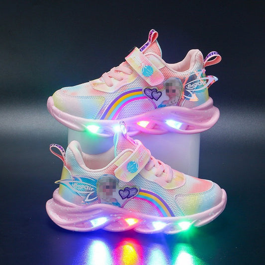 flowersverse Children's Shoes Wholesale with Lights Spring and Autumn New Mesh Breathable Children Sneaker All-Matching Princess Light Shoes