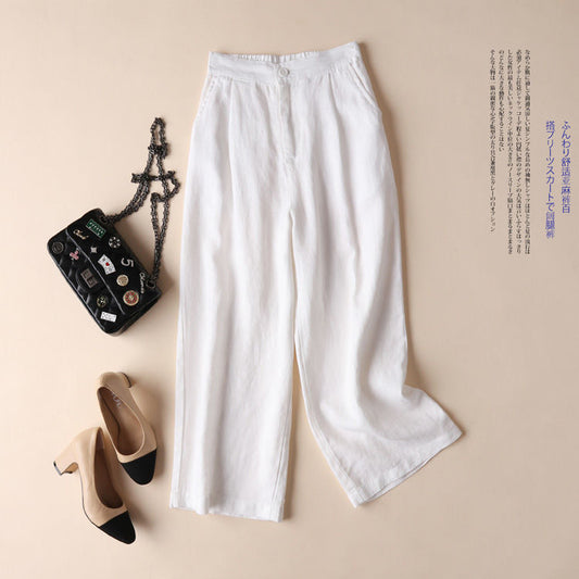 flowersverse Pure Linen Loose Wide-Leg Pants Cropped Pants Pink Straight Small Women's Pants Drape Artistic Linen Pants Women's Summer