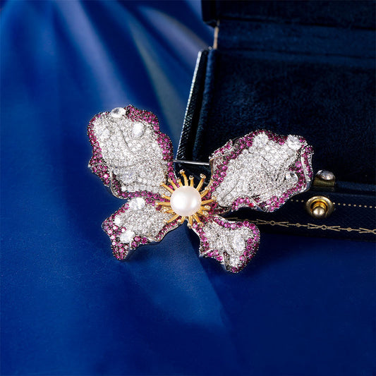 2025 New Heavy Industry Butterfly Brooch Gun Black Micro-inlaid Zirconium Coat Accessories Freshwater Beads Light Luxury Clothing Brooch Pin