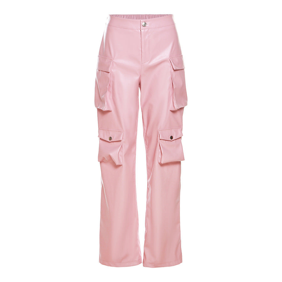 flowersverse HOT and NEW Cross Border Women's Clothing Poly Urethane Leather Pocket High Waist Loose Straight Casual Trousers