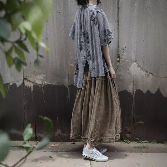 Shan Qian Nian One Four Seasons Literary and Skin-friendly Soft Retro Skirt Combed Textured Cotton Versatile Clip Skirt