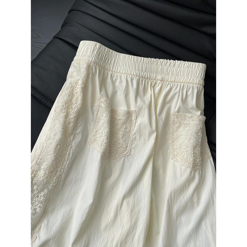 Beige Lace Splicing Casual Pants Women's Summer New Thin High Waist Skinny Versatile Casual Straight Pants