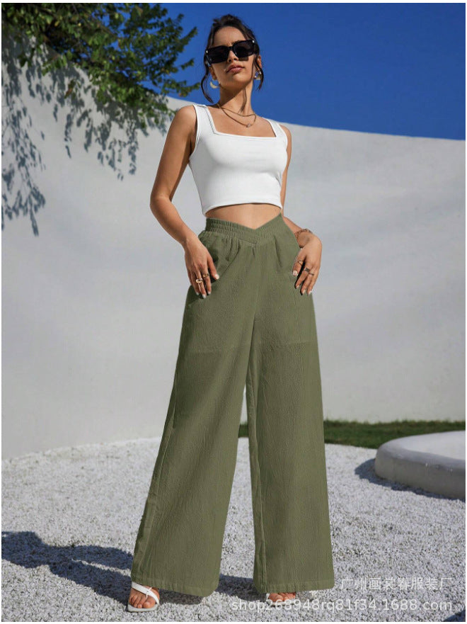 FLOWERSVERSE Cross-Border Foreign Trade New European and American Solid Color Cross Waist Pleating Wide Leg Popular Women's Casual Pants