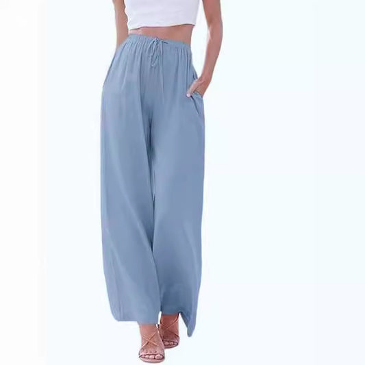 FLOWERSVERSE EBay European and American plus Size Women's Pants Linen Loose Casual Pocket Drawstring Wide Leg Pants Women