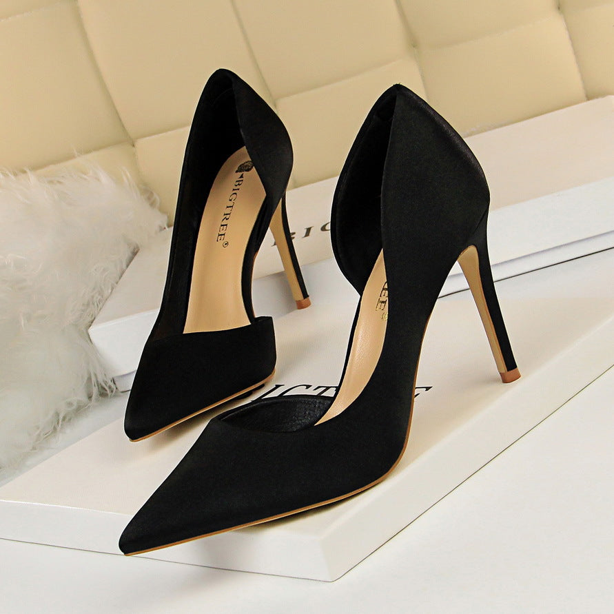 2025 830-3 style fine high-heeled satin light mouth pointed side hollow sexy nightclub thin single shoes women's high heels