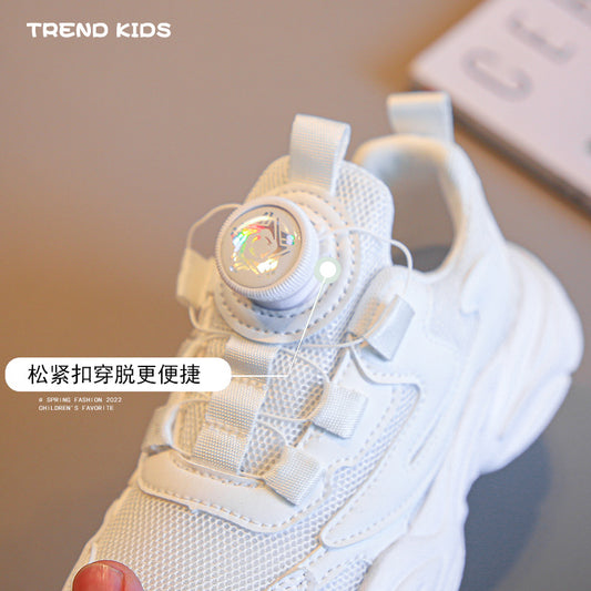 flowersverse Stupid Bear Super Light Boy's Shoes Rotating Buttoned Shoes Spring and Autumn Breathable White Shoes Girls' Mesh Sneaker