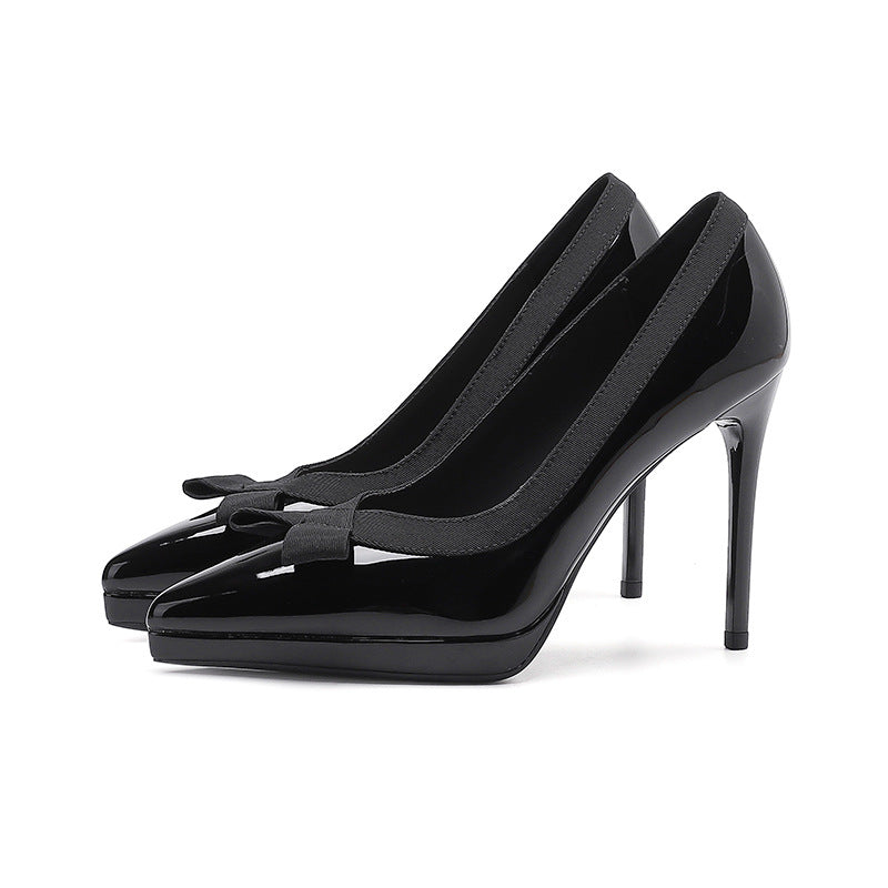 2025 1088-20 pointed thin heel high heels women's shallow mouth temperament bow high heel single shoes waterproof table patent leather women's shoes