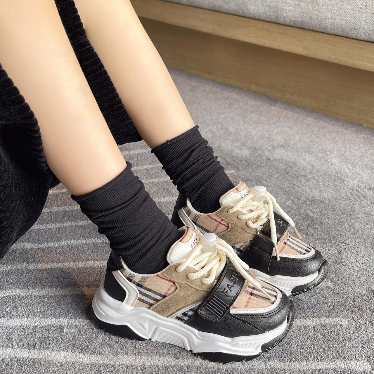 flowersverse Children's Retro Daddy Shoes Spring and Autumn New Boys 'And Girls' Sneakers Korean Style Fashion Colorblock Plaid Casual Shoes