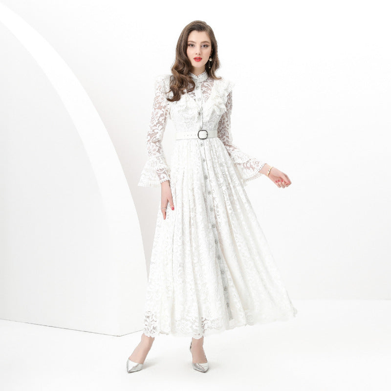 new women's dress high-end fungus edge splicing single-breasted waist lace embroidered dress