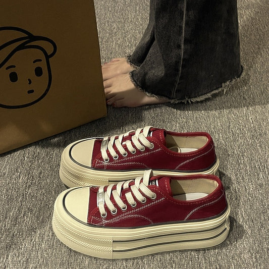 flowersverseWomen's Thick-Soled Canvas Shoes Spring New Versatile Breathable Casual Shoes NEWn Retro Low-Top White Shoes