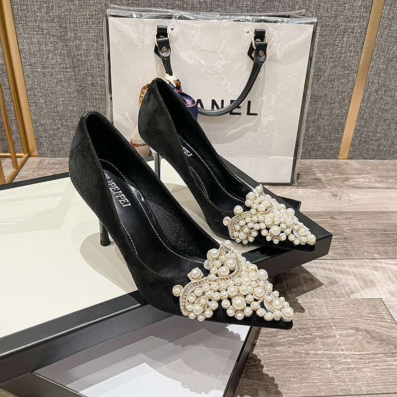 flowersverse 868-13 One Piece Dropshipping Fashionable Ultra-High Stiletto Heel Pearl Buckle Pumps Winter New 7-9cm High Heels