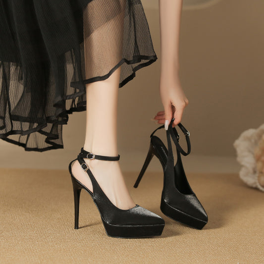 2025 1233-1 one-word bag head sandals pointed thin heels high heels waterproof table super high heels satin single shoes are not tired
