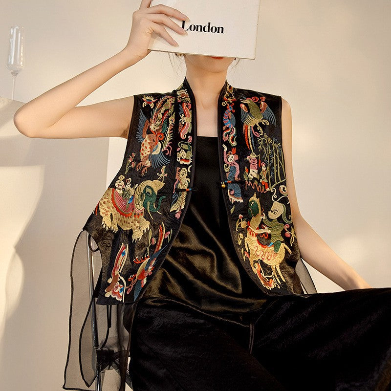 New Chinese style national style high-grade mulberry silk heavy industry buckle embroidery splicing mesh yarn retro vest women M6063