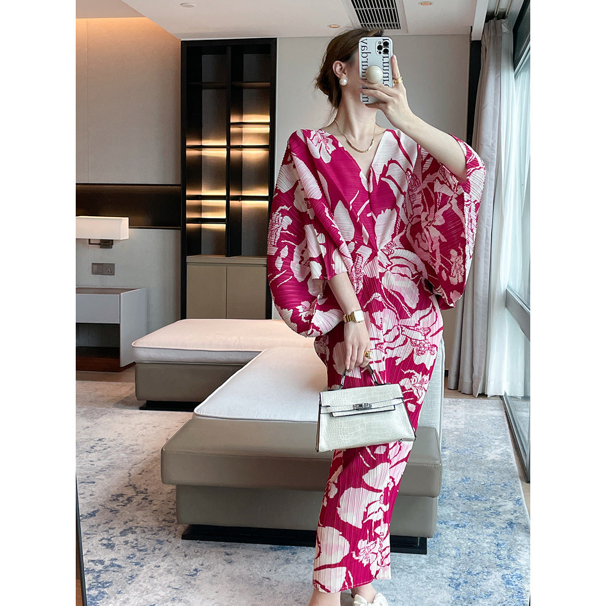 Miyake autumn new long printed loose v-neck slim and thin pleated dress temperament high-end long dress