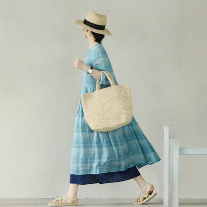 2025 spring and summer dress women's dress round neck loose long dress mint mambo ramie printed long skirt 90709