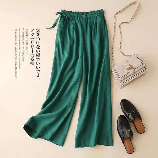 flowersverse Cropped Wide-Leg Pants Women's Summer Cotton and Linen Thin High Waist Side Lace-up Retro Art Elastic-Waist Casual Pants Women's Loose