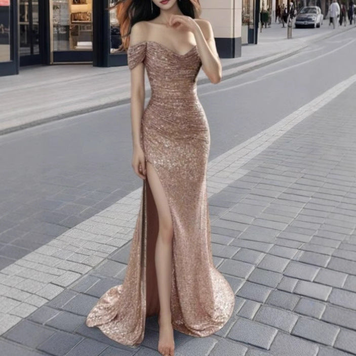FLOWERSVERSE 2025 cross-border hot-selling 2025 trade women's clothing polyester sexy fine flash split-ended dance dress sequins