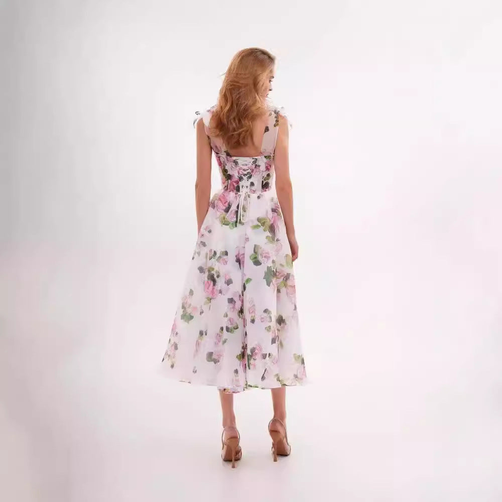 FLOWERSVERSE 2025 New Women's Fashion Sexy Printed Suspender Evening Dress Floral Back Strap Women's Temperament Dress
