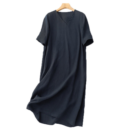 spring and summer new cotton and linen temperament V-neck loose and thin versatile commuter dress large size robe casual women