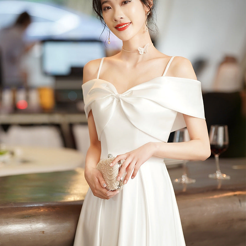2025 small dinner dress women's shoulder graduation high-end light luxury niche socialite white suspender dress