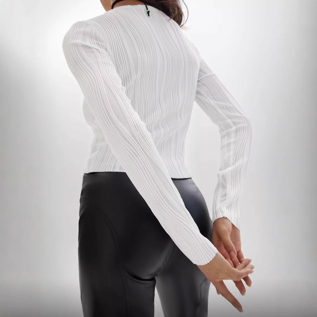 FLOWERSVERSE 2025 New 2025 style women's clothing spring and autumn new fashion casual texture round neck long sleeve slim T-shirt bottoming shirt