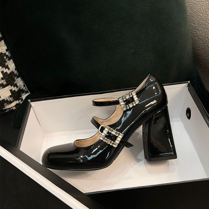 2025 Huge good-looking rhinestone buckle Mary Jane shoes for women with black high heels temperament single shoes tide