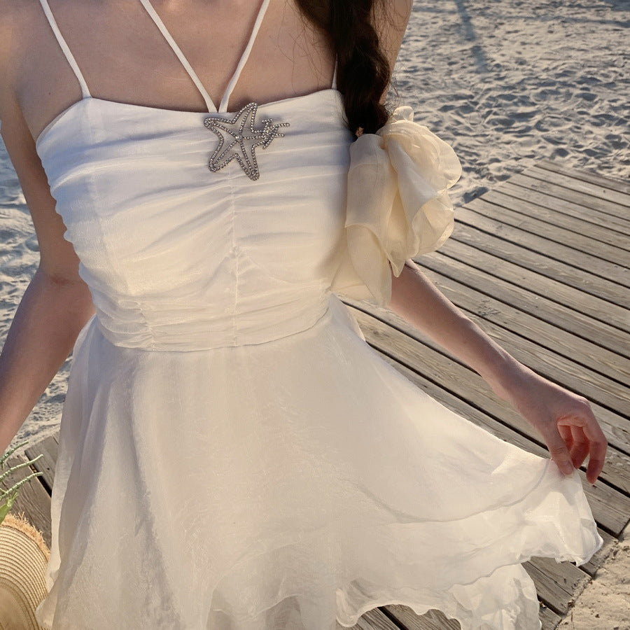 2025 Vacation style chic pleated suspender skirt girl irregular streamer ruffle edge fairy tutu birthday dress