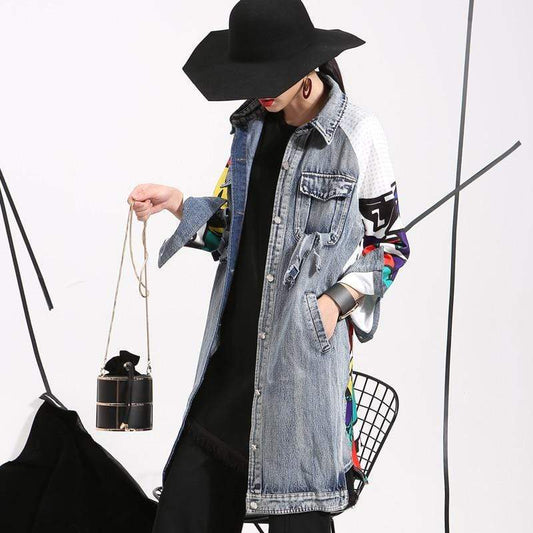 New new women's denim trench coat fashion abstract creative pattern splicing loose washing denim jacket