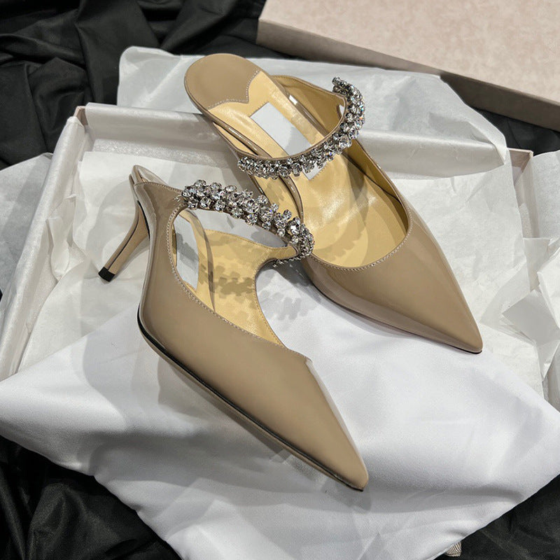 flowersverse JC Rhinestone High Heel Shoes New Style One Strap Fashionable All-Match Casual Pointed Luxury Genuine Leather Wedding Shoes for Women