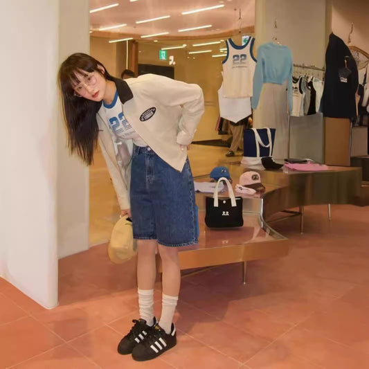 flowersverse South Korea Niche Restandcreation Loose Leisure Slimming RR Printed Denim Shorts Cropped Pants for Women