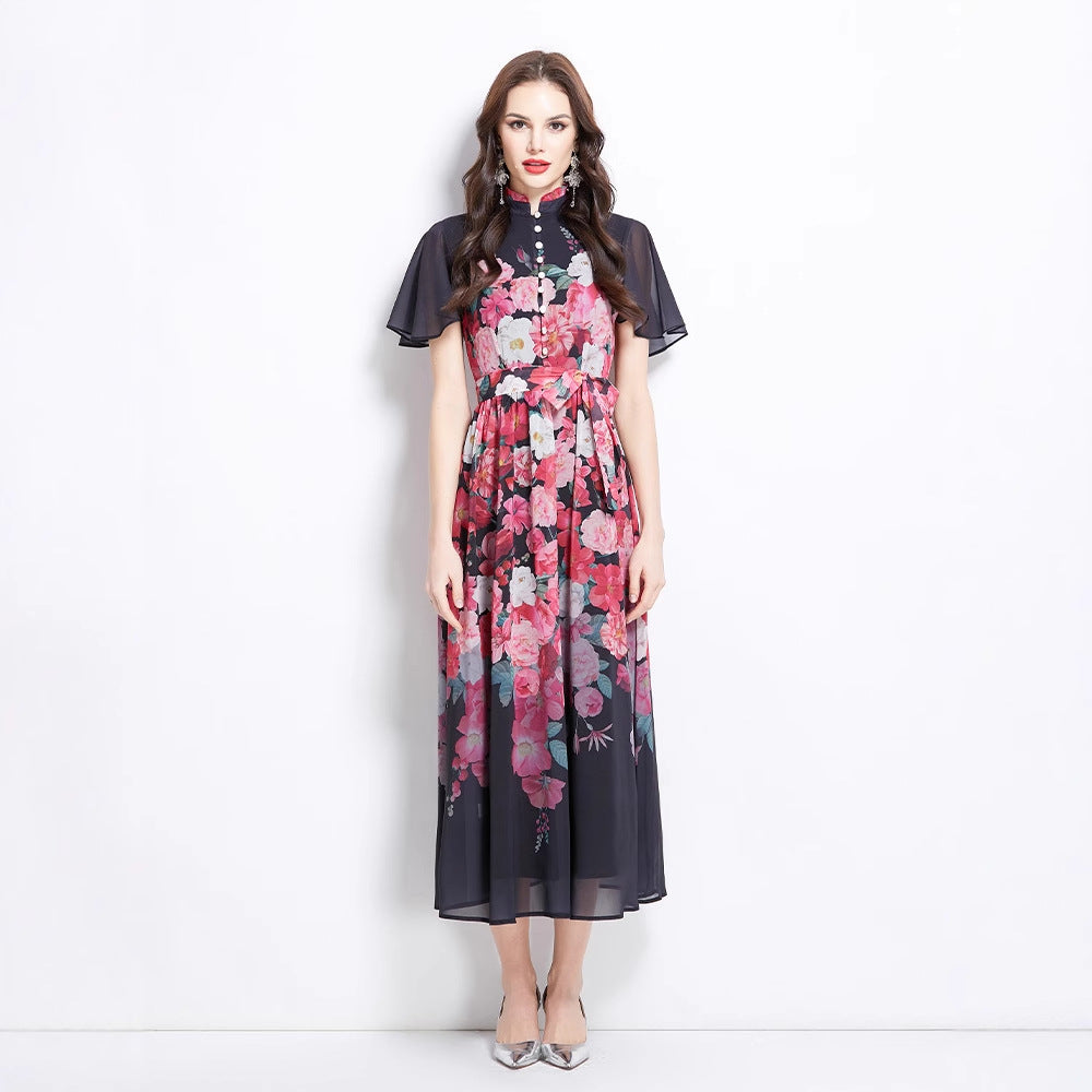 women's clothing holiday style dress women's pearl breasted waist thin temperament printed chiffon dress