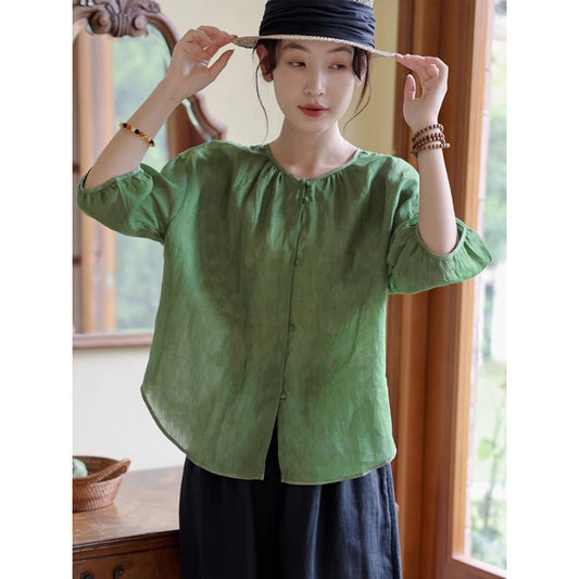 Mountain field cool, handmade button-up Chinese shirt summer new green small fresh literary and retro top