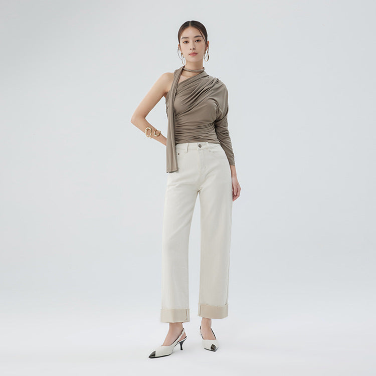 2025 Summer new Xinjiang long-staple cotton micro-elastic anti-wrinkle large-flanged women's clothing denim nine-point wide-leg pants straight-leg pants