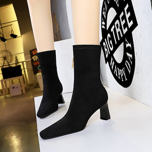 FLOWERSVERSE 2025 375-8 fashion simple thick heel square head suede pedicure thin short women's boots winter high heel short boots