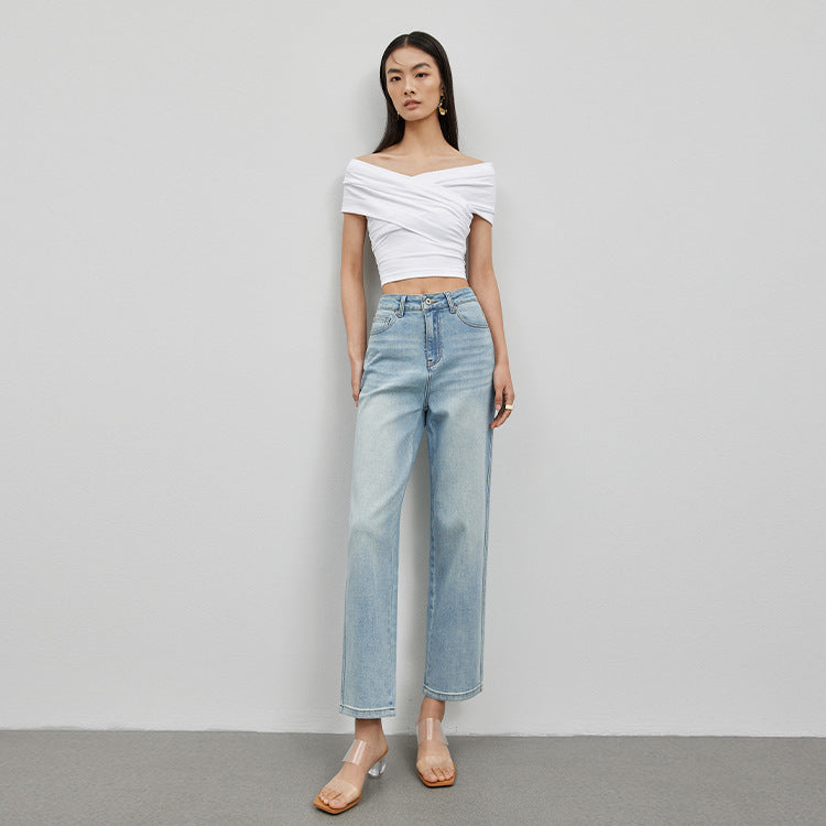 2025 Spring and Autumn high waist high and thin nine-point women's denim straight pants elastic jeans