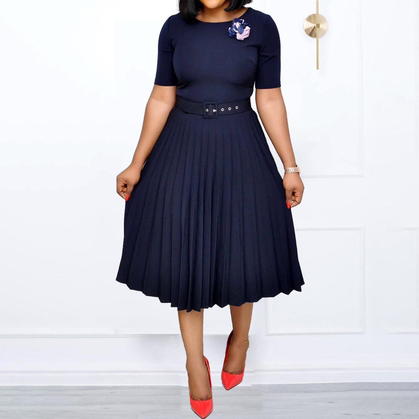 FLOWERSVERSE Cross-border new European, American round neck medium and long pleated skirt large size African cross-border belt dress