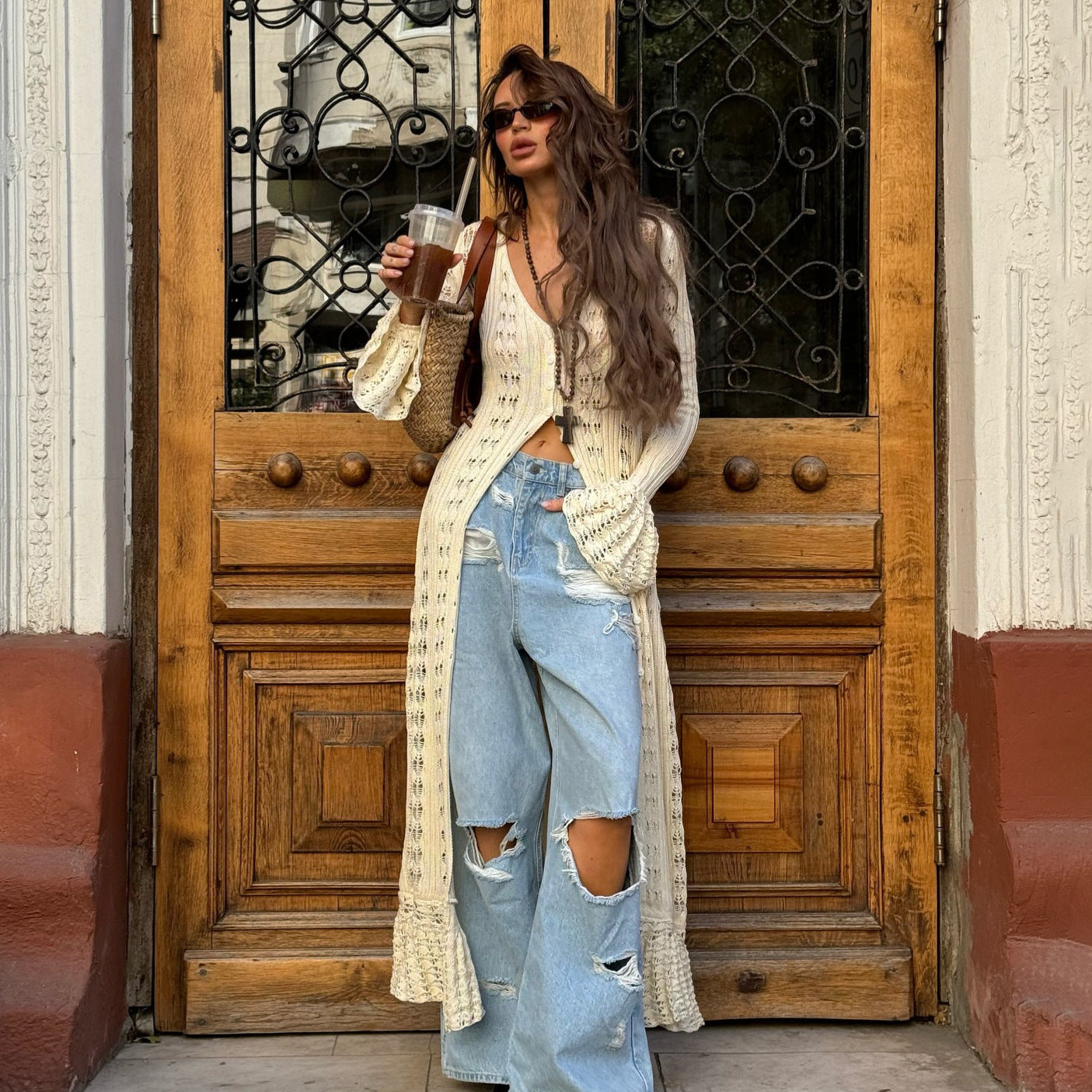 single attitude Spice Girl personality style super long design knitted cardigan women's clothing hollow crochet solid color high sense