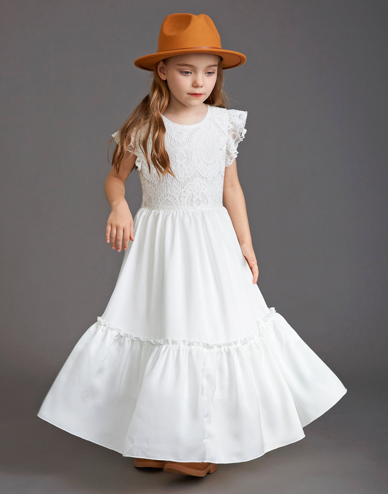 flowersverse New Children's Clothing Girls' Dress Children's Wedding Lace Long Dress Middle and Big Children Host Costume for Piano Performance
