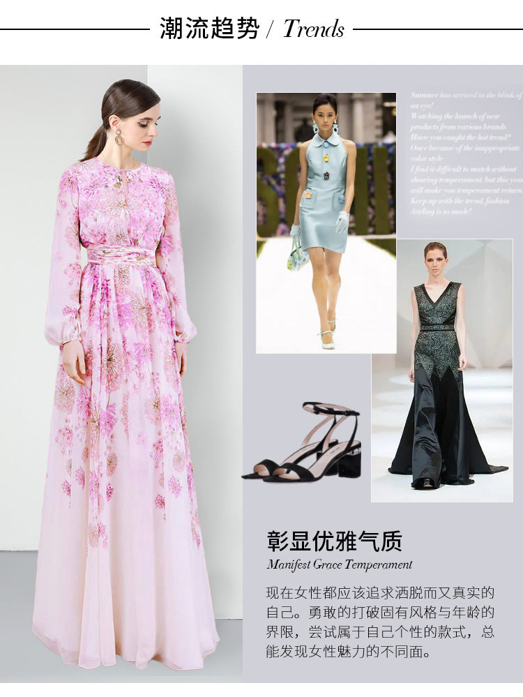 retro dress pink printed long dress and ankle long sleeve temperament skirt hollow design new